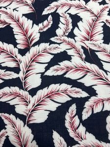 Products: LC26 – Linen Blend – Dark Navy with Ruby Red Feather Leaves – 55% Linen / 45% Cotton – 150cm wide – per mtr – Moreland Fabrics