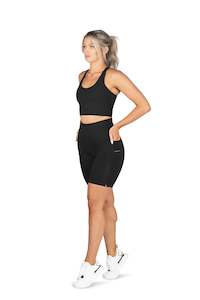 Womens Shorts: SIDE POCKET SHORT - BLACK LOGO | TECHLITE