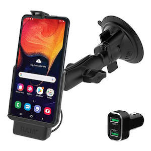 Ram Phone Mounts: RAM® Powered Suction Cup Mount for Samsung XCover Pro with Charger (RAM-B-166-SAM9P-2QCCIGU)