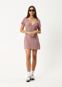 AFENDS BASE - SEERSUCKER MINI DRESS - BURGUNDY CHECK