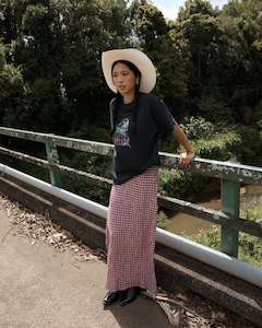 Skirts: AFENDS BASE - SEERSUCKER MAXI SKIRT - BURGUNDY CHECK