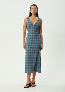 AFENDS POSITION SEERSUCKER CHECK MAXI DRESS - NAVY CHECK