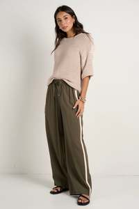 W Pants: STORIES BE TOLD TOWNIE STRIPE SIDE TAPE WIDE LEG PANT - OLIVE
