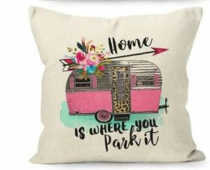 Products: Cushion cover Home is where you park it PINK - Moutere Caravans