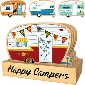 Products: HAPPY CAMPERS set of 4 caravan coasters in stand - Moutere Caravans