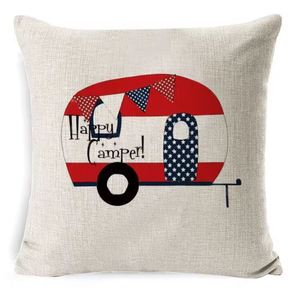 Products: Cushion cover HAPPY CAMPER caravan red, white, blue, stars - Moutere Caravans