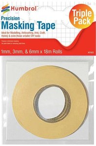 Products: Humbrol Accessories – Masking Tape Set 1mm, 3mm, & 6mm x 18 meter Rolls – 105110 – Mr Models