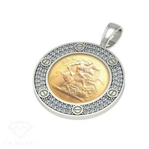 MR MONEY WHITE GOLD ICED OUT HALF SOVEREIGN PENDANT