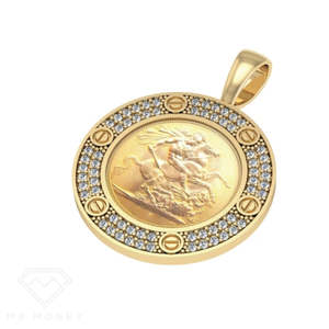 Sovereign Coins: MR MONEY YELLOW GOLD ICED OUT HALF SOVEREIGN PENDANT