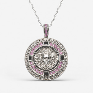 Greek Key Mythology Medusa Pendant Pink CZ Stones + Sterling Silver Chain
