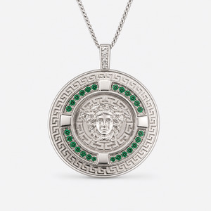 Greek Key Mythology Medusa Pendant Green CZ Stones + Sterling Silver Chain