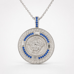 Greek Key Mythology Medusa Pendant Blue CZ Stones + Sterling Silver Chain