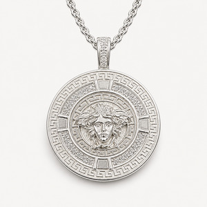 Greek Key Mythology Medusa Big Pendant White CZ Stones + Sterling Silver Chain