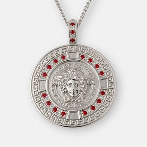 Greek Key Mythology Medusa Big Pendant Red CZ Stones + Sterling Silver Chain