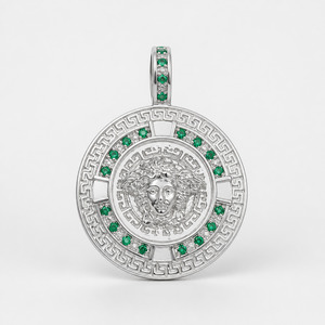 Greek Key Mythology Medusa Big Pendant Green CZ Stones + Sterling Silver Chain