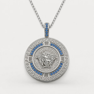 Greek Key Mythology Medusa Big Pendant Baby Blue CZ Stones + Sterling Silver Chain