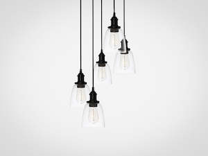 Pendant Lighting: Round Vintage Cluster with Five Glass Pendants