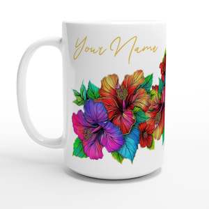 White 15oz Ceramic Mug - Hibiscus Drawn - PERSONALIZED