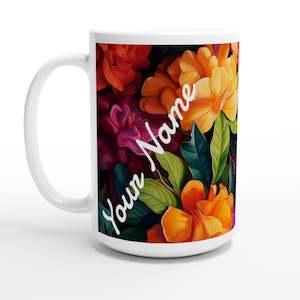Coffee Mugs: White 15oz Ceramic Mug - Garden Gardenias - PERSONALIZED (White Text)