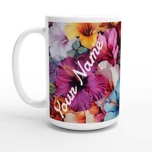 White 15oz Ceramic Mug - Hibiscus Pretty - PERSONALIZED (White Text)