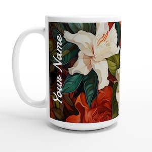 White 15oz Ceramic Mug - Gardenias and Orange - PERSONALIZED (White Text)