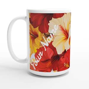 White 15oz Ceramic Mug - Hibiscus Sunset - PERSONALIZED (White Text)
