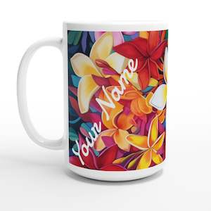 Coffee Mugs: White 15oz Ceramic Mug - Frangipani - PERSONALIZED (White Text)
