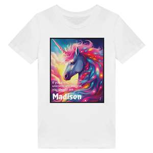 Affirmation Wear: Organic Kids Crewneck T-shirt - Rainbow Unicorn - PERSONALIZED