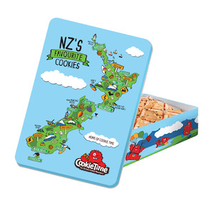 Cookie Time: Kiwiana Map Tin with 350g Chocolate Chip Bite Size Cookies