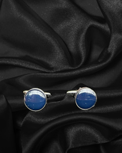 Cufflinks Lapel Pins Tie Pins: Cufflinks | Circular Blue Stone with Chrome Edging