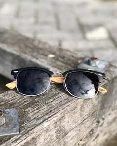 Electric Pukeko Sunglasses - Black Frame with Wire Rim, Grey Lenses and Zebrano Wood Arms