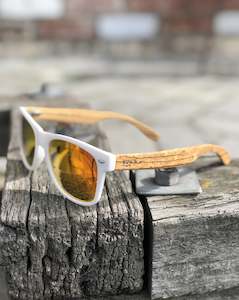 Sunglasses: Electric Pukeko Sunglasses - White Matt Frame with Zebrano Wood Arms