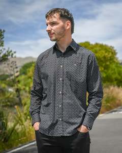Lifestyle | Long-sleeve Shirt | 100% Cotton | Black with White Leaf Motif