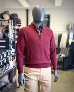 Knitwear For Men Super Fine Merino Pullovers Vests Zippered Pullovers: Lichfield | 100% Merino Wool Pullover With 1/4 Zip | Crimson Red
