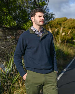 Knitwear For Men Super Fine Merino Pullovers Vests Zippered Pullovers: Berlin | Pullover With Button Neck | Navy | Lambswool
