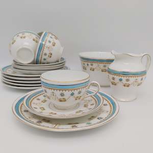 Anchor Porcelain Co - Teal Band with Floral Garland - 18-piece Tea Set