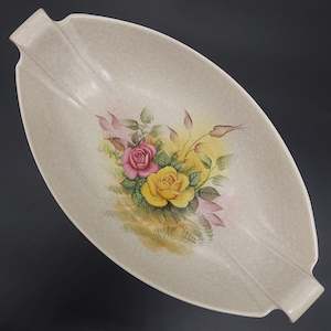 China Brand Crown Devon England: Crown Devon - Hand-painted Pink and Yellow Roses, signed S Venn - Oval Bowl