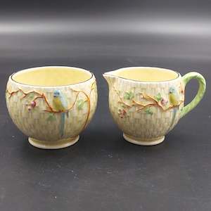 China Brand Crown Devon England: Crown Devon - Budgie on Branch, 610 - Milk Jug and Sugar Bowl