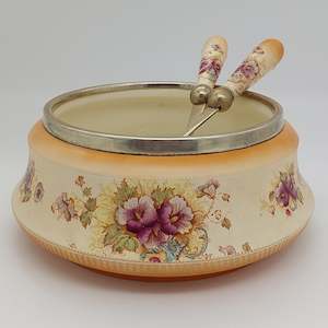 China Brand Crown Devon England: Crown Devon - Elm, X862 - Silver-rimmed Salad Bowl and Servers