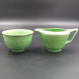 China Brand Crown Ducal England: Crown Ducal - Ribbed Green - Milk Jug and Sugar Bowl