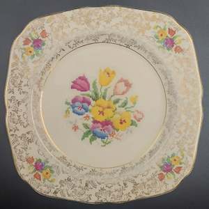 China Brand Hollinshead Kirkham England: Hollinshead & Kirkham - Old English Sampler, Sampler Border, Rose Filigree - Luncheon Plate, Square