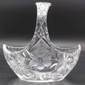 Crystal And Glass: Vintage Cut Crystal - Flowers and Leaves - Basket Vase, 22 cm long
