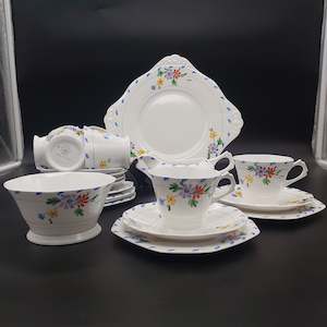 Tuscan - Hand-painted Colourful Flowers, Blue Lines - 21-piece Tea Set