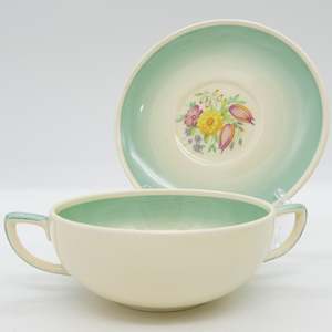 Susie Cooper Swansea Spray: Susie Cooper - Swansea Spray, Blue/Green 1014 - Soup Bowl and Saucer