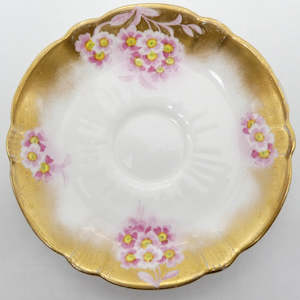 China Brand Crescent China England: Crescent China - Pink Flowers with Burnished Gold Rim - Saucer
