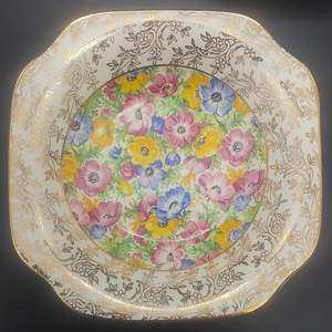 China Brands A: A J Wilkinson -Colourful Flowers, Gold Filigree Rim - Fruit/Dessert Bowl
