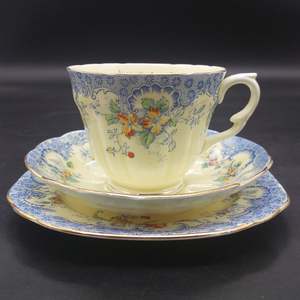 Crown Staffordshire - Red and Orange Flowers, Blue Rim - Trio