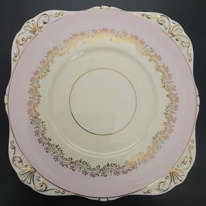 China Brands G: Grafton - Pink Band, Gold Filigree, Blue Spots - Cake Plate