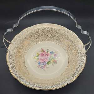 Mayell - Pink Rose and Filigree - Large Serving Bowl with Silver Handle