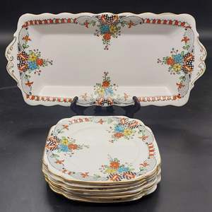 Royal Albert - Colourful Flowers, Black and Red Border -Sandwich Tray and Plates